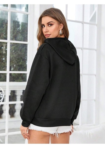 Minik Beyaz Kalp Baskılı Ünisex Siyah Kapüşonlu Oversize Sweatshirt