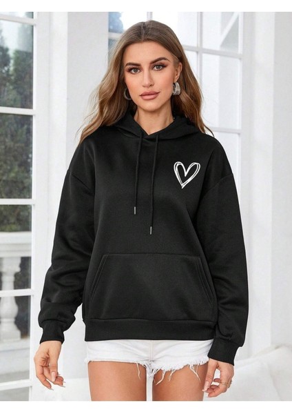 Minik Beyaz Kalp Baskılı Ünisex Siyah Kapüşonlu Oversize Sweatshirt fiyatları