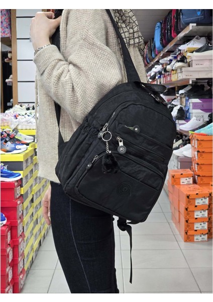 2113-8745 Kadın Krinkıl Kumaş Çok Gözlü Astarlı Petli Su Geçirmez Günlük Mini Sırt Çantası - NKT02113-SIYAH-TEKEBAT