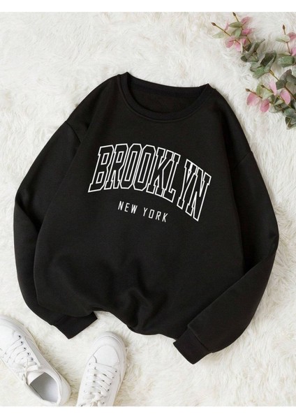 Brooklyn New York Baskılı Bisiklet Yaka Ünisex Oversize Sweatshirt