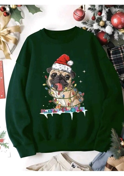 Yeni Yıl Basklı Bisiklet Yaka Yeşil Ünisex Oversize Sweatshirt