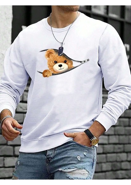 Fermuarlı Bear Baskılı Bisiklet Yaka Ünisex Beyaz Oversize Sweatshirt