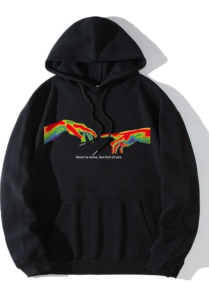 Heart Is Mine Baskılı Ünisex Kapüşonlu Oversize Sweatshirt