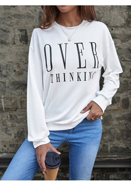 Over Thinking Baskılı Bisiklet Yaka Ünisex Siyah Oversize Sweatshirt
