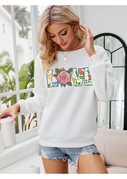 Kadın Beyaz Love Baskılı Oversize Sweatshirt modelleri