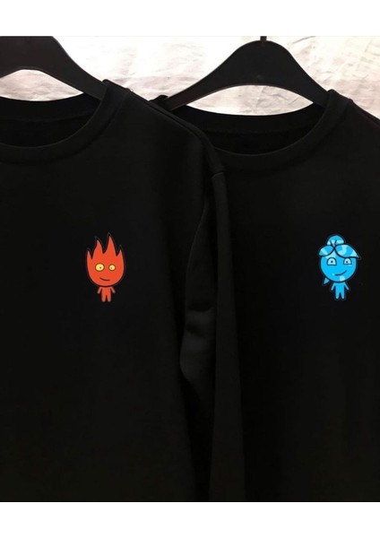 2'li Ateş ile Su Baskılı Sevgili Kombini Kapüşonlu Siyah Kanguru Cep Ünisex Oversize Sweatshirt