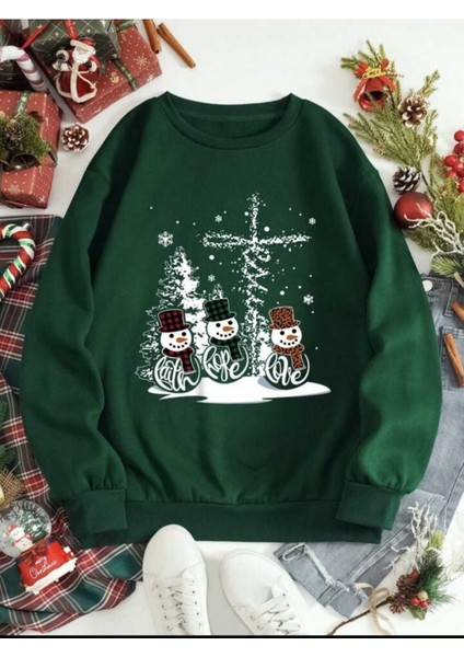 Yeni Yıl Basklı Bisiklet Yaka Yeşil Ünisex Oversize Sweatshirt