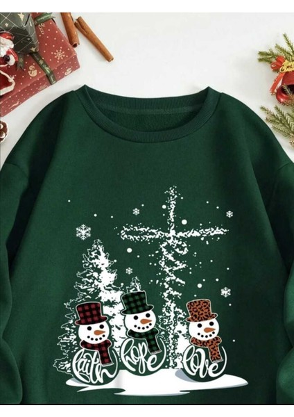 Yeni Yıl Basklı Bisiklet Yaka Yeşil Ünisex Oversize Sweatshirt fiyatları