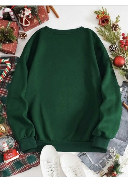 Yeni Yıl Basklı Bisiklet Yaka Yeşil Ünisex Oversize Sweatshirt modelleri