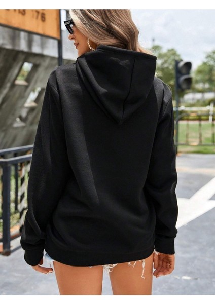 Kedili Fermuar Baskılı Bisiklet Yaka Ünisex Siyah Oversize Sweatshirt