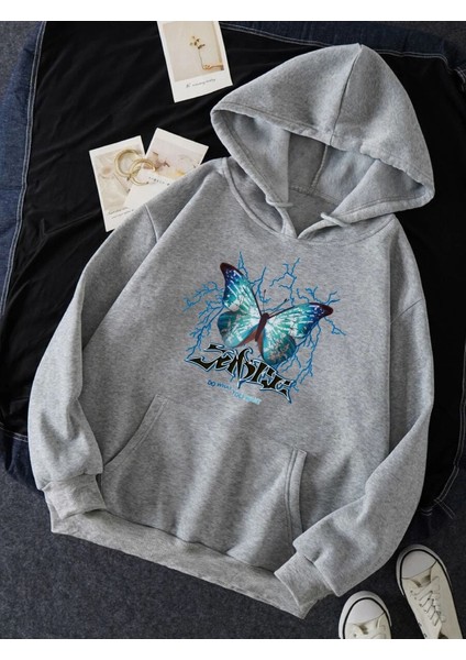 Kadın Sense Kelebek Baskılı Oversize Sweatshirt