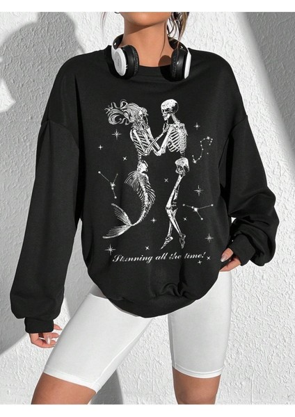 Iskelet Deniz Kızı Baskılı Bisiklet Yaka Ünisex Siyah Oversize Sweatshirt