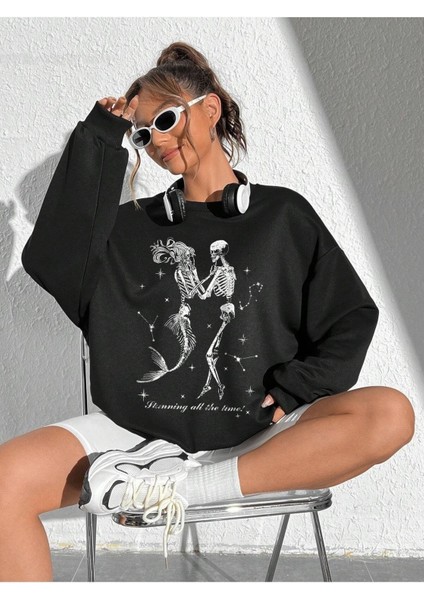 Iskelet Deniz Kızı Baskılı Bisiklet Yaka Ünisex Siyah Oversize Sweatshirt