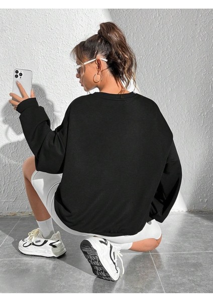 Iskelet Deniz Kızı Baskılı Bisiklet Yaka Ünisex Siyah Oversize Sweatshirt
