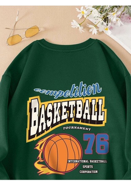 Unisex Yeşil Basketbal Baskılı Oversize Sweatshirt