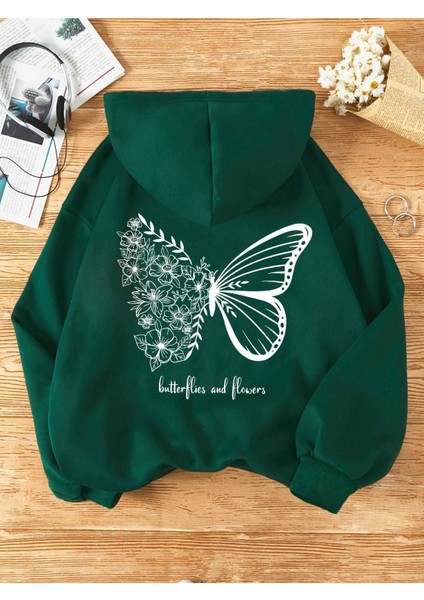 Beyaz Oversize Kırmızı Kelebek Baskılı Kapşonlu Sweatshirt 3iplik