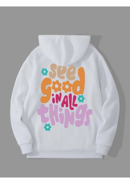 Beyaz See Good Baskılı Oversize Kapüşonlu Sweatshirt