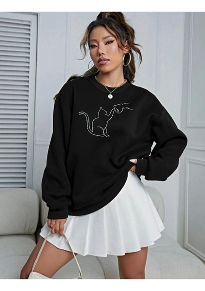 Kedi Dostu Baskılı Bisiklet Yaka Oversize Sweatshirt