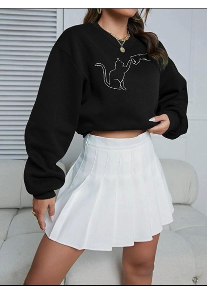 Kedi Dostu Baskılı Bisiklet Yaka Oversize Sweatshirt