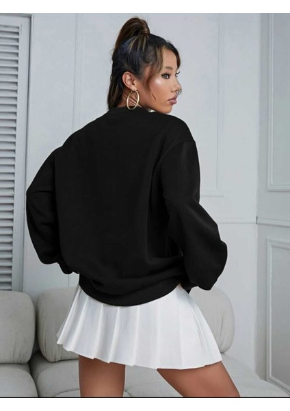 Kedi Dostu Baskılı Bisiklet Yaka Oversize Sweatshirt