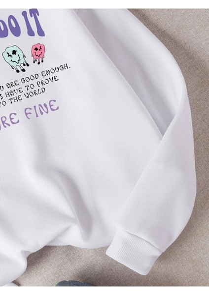 Kadın Beyaz You Can Do It Baskılı Oversize Sweatshirt fiyatları