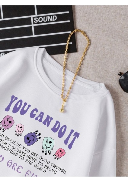 Kadın Beyaz You Can Do It Baskılı Oversize Sweatshirt modelleri