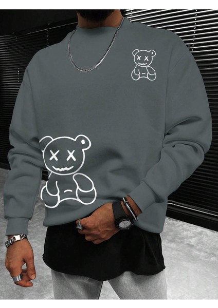 Bisiklet Yaka Erkek Ayıcık Baskılı Oversize Sweatshirt