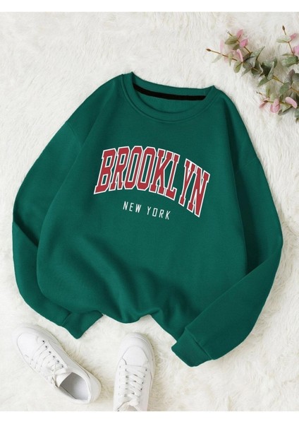 Brooklyn New York Baskılı Bisiklet Yaka Ünisex Oversize Sweatshirt