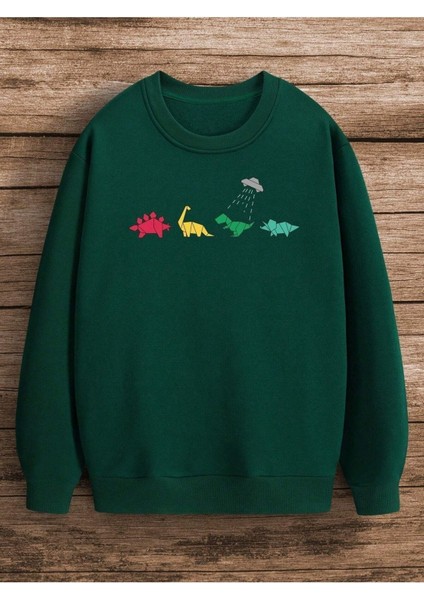 Dinazor Baskılı Beyaz Bisiklet Yaka Ünisex Oversize Sweatshirt