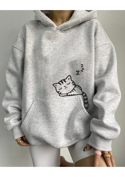 Uyuyan Kedi Baskılı Kapüşonlu Kanguru Cep Oversize Sweatshirt