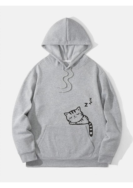 Uyuyan Kedi Baskılı Kapüşonlu Kanguru Cep Oversize Sweatshirt modelleri