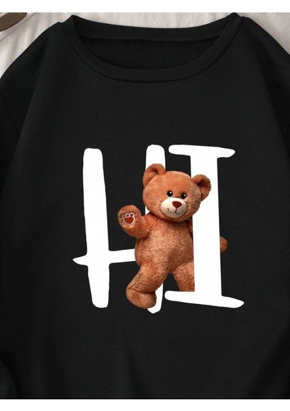 Ayıcık Hı Yazı Baskılı Bisiklet Yaka Ünisex Siyah Oversize Sweatshirt fiyatları