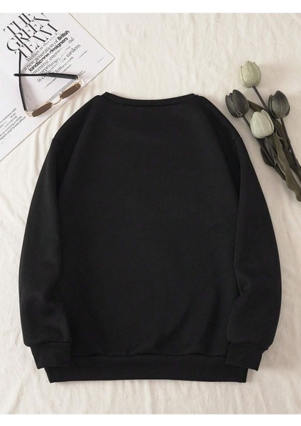 Ayıcık Hı Yazı Baskılı Bisiklet Yaka Ünisex Siyah Oversize Sweatshirt modelleri