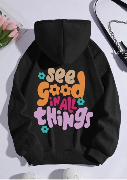 Siyah See Good Baskılı Oversize Sweatshirt