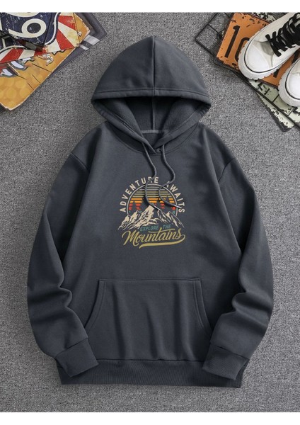 Unisex Mountain Baskılı Oversize Kapüşonlu Sweatshirt