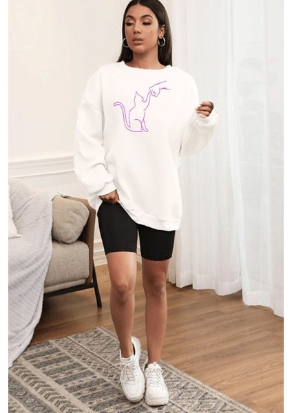 Kedi Dostu Baskılı Bisiklet Yaka Ünisex Oversize Sweatshirt fiyatları