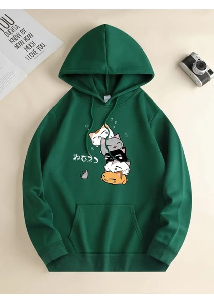 Unisex Anime Kediler Kapşonlu Baskılı Oversize Sweatshirt