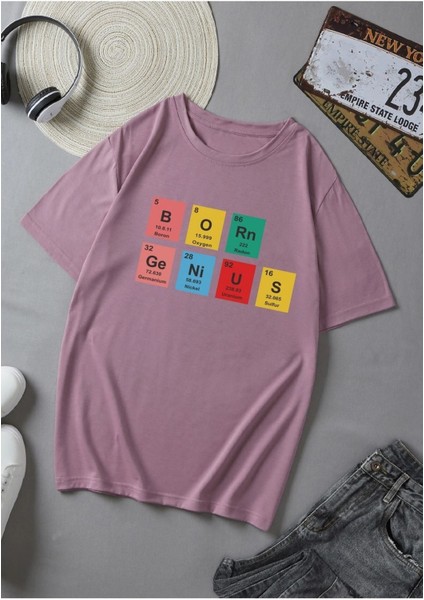 Unisex Mor Born Genius Baskılı Oversize T-Shirt