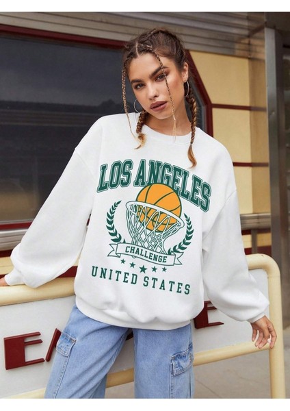 Los Angeles Challenge Baskılı Bisiklet Yaka Ünisex Beyaz Oversize Sweatshirt