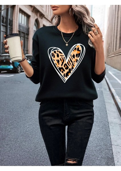 Büyük Leopar Kalp Baskılı Bisiklet Yaka Ünisex Oversize Sweatshirt