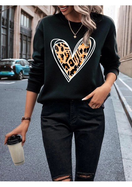 Büyük Leopar Kalp Baskılı Bisiklet Yaka Ünisex Oversize Sweatshirt modelleri