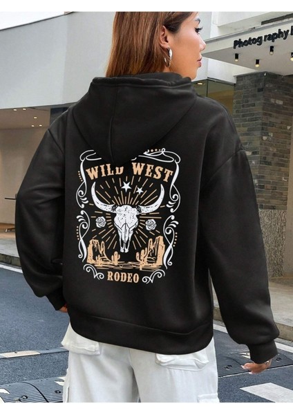 Wıld West Rodeo Baskılı Ünisex Siyah Kapüşonlu Oversize Sweatshirt
