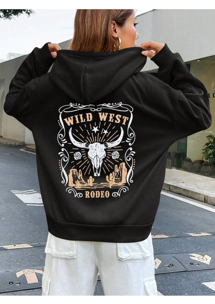 Wıld West Rodeo Baskılı Ünisex Siyah Kapüşonlu Oversize Sweatshirt modelleri