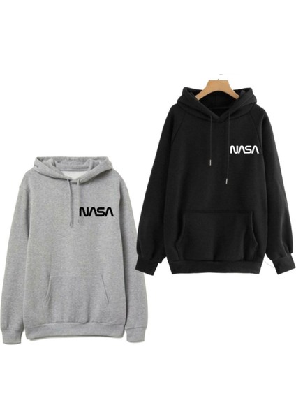 2'li Nasa Baskılı Kapüşonlu Gri-Siyah Kanguru Cep Ünisex Oversize Sweatshirt