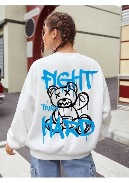 Fight Trust Hard Baskılı Bisiklet Yaka Ünisex Beyaz Oversize Sweatshirt