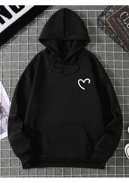 Minimal Yarım Kalp Baskılı Ünisex Kapüşonlu Oversize Sweatshirt