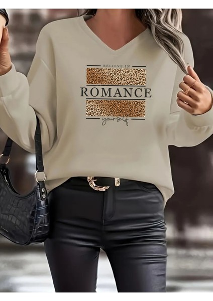 V-Yaka Bej Kadın Oversize Sweatshirt