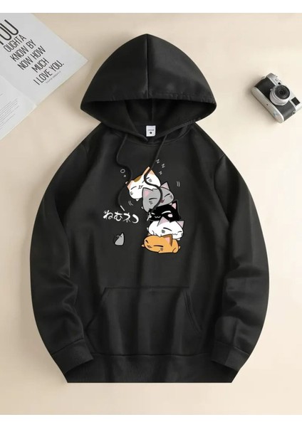 Unisex Anime Kediler Kapşonlu Baskılı Oversize Sweatshirt