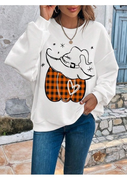 Cadı Şapkalı Kabak Baskılı Bisiklet Yaka Ünisex Beyaz Oversize Sweatshirt