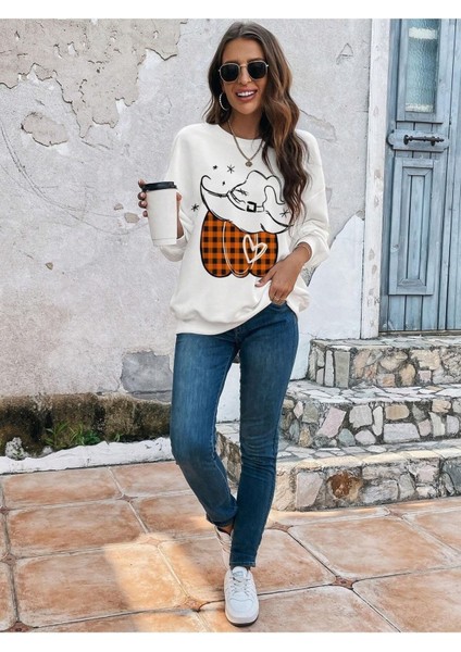 Cadı Şapkalı Kabak Baskılı Bisiklet Yaka Ünisex Beyaz Oversize Sweatshirt fiyatları